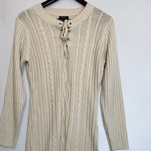 Phopsody Womens Sweater Dress Cable Knit Size M Cream Lace Up Tie Front Stretch